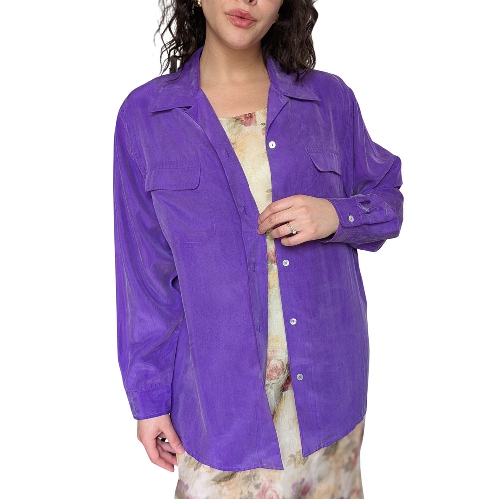 Vintage 90s Monochrome Dark Academia Royal Purple Button Down Silk Dress Shirt